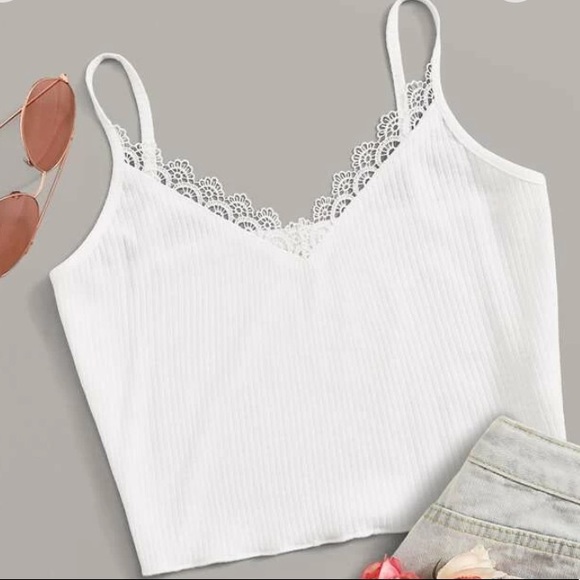 Ribbed White Lace Crop Tank - Picture 1 of 2